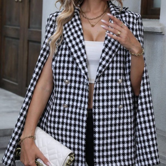 . Jackets & Blazers - White & Black Preppy Houndstooth Print Cloak Sleeve Double Breasted Cape Blazer